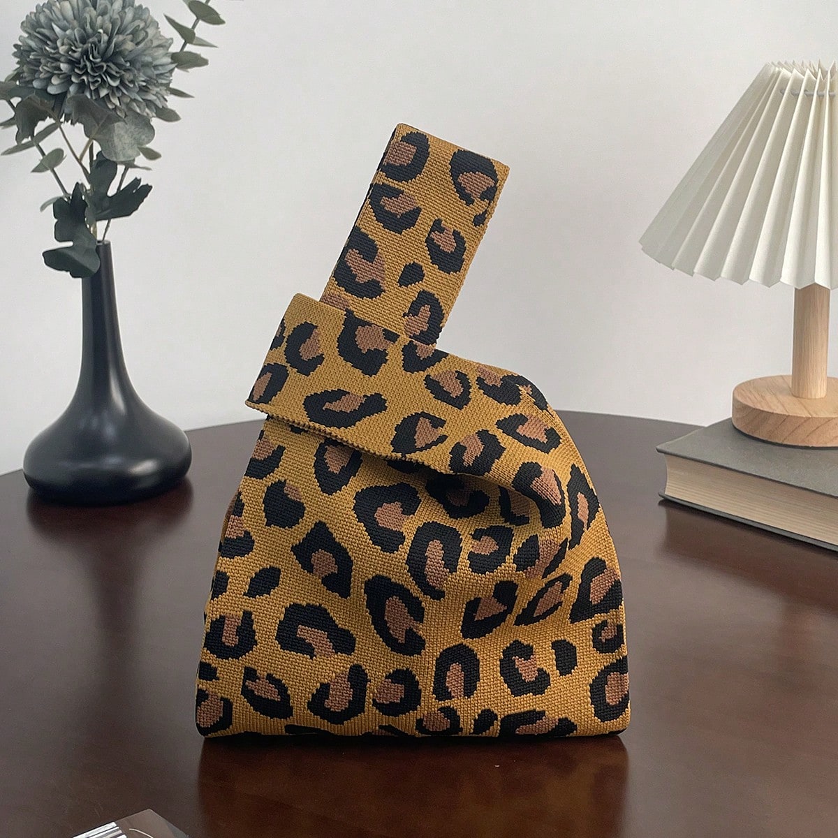 Bolso de mujer de ganchillo con estampado de leopardo, adecuado para vacaciones, bolso de mano de ganchillo mini individual, estampado de leopardo de