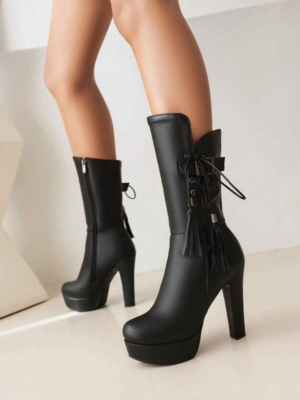 بوت قصيرة للنساء ذات كعب عالي جدًا 12 سم مقاوم للماء، منصة، للربيع والخريف، جلد ناعم جديد، كعب سميك، سحاب جانبي، أربطة، شراشيب، بوت كاحل موضة، للحفلات