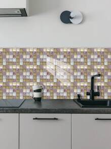 10 件几何格子花卉图案印花 PVC 仿瓷砖家居装饰墙贴，DIY 即撕即贴壁纸，适用于厨房、浴室、客厅、卧室墙壁装饰