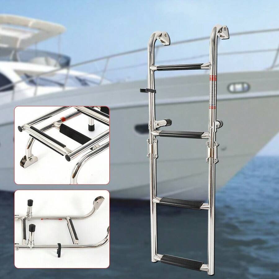 YUNRUX Swimming Ladder Boat Stainless Steel Stern Mounting Boat Ladder Ladders 4 Steps Foldable, Load 300 Lbs - Silver - View 1