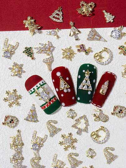 5PCS Luxury Nail Art Charms Gold/Silver Alloy Christmas Trees, Elk, Bells Snowflake Nail Rhinestones Design Gems Shiny Zirconia  For Women DIY Holiday Nail Decor