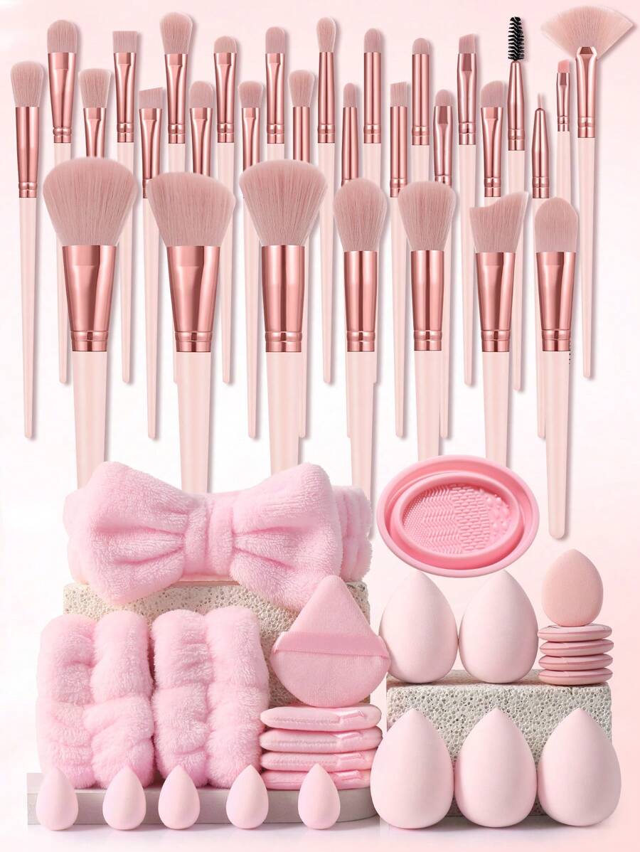 (Pink)18-20-22-25-30PCS Makeup Brush Sets Premium Synthetic Hair Eyeshadow Blending Brush Sets Cosmetics Tools+24PCS Makeup Tools Set - 粉色 - 查看 1
