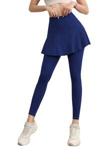 1 pieza Leggings deportivos ajustados con falda, Pantalones ajustados 2 en 1 con falda, Ropa deportiva casual de yoga 2 en 1 Pantalón ajustado con falda - Multicolor - Ver 4