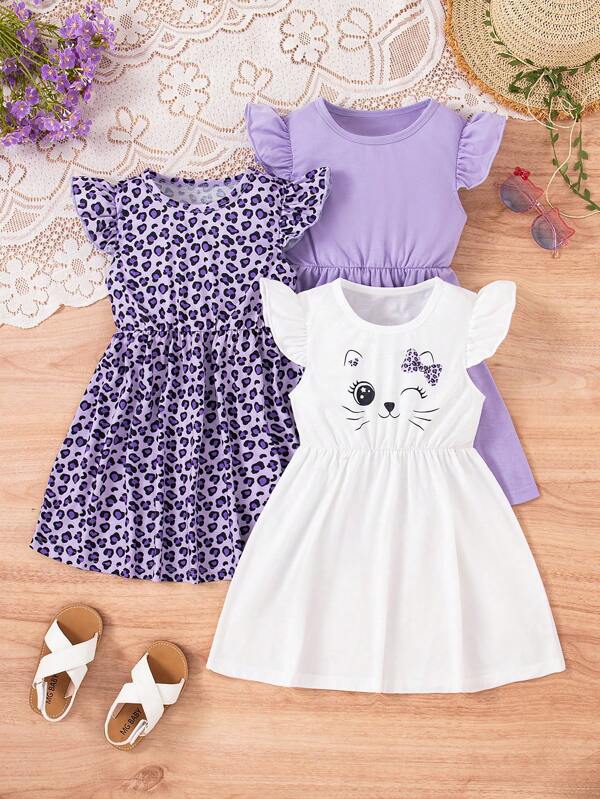 3 pièces/set Robe à imprimé léopard et chat mignon et décontracté à manches courtes pour jeunes filles