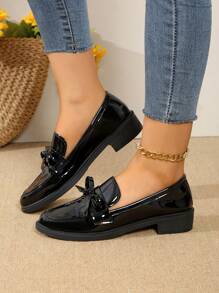 Women Fashion Flat Shoes With Bow Decor, Slip-On - Black - View 3