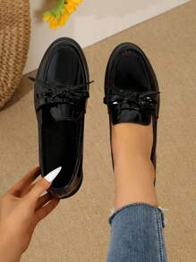 Women Fashion Flat Shoes With Bow Decor, Slip-On - Black - View 1