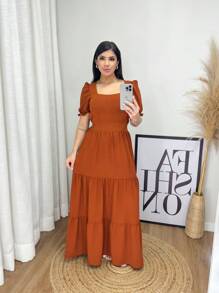 Women's Long Plain Dress With Padded Bra And Elastex At The Back At The Waist / Square Neck - Rỉ Nâu - Xem 1