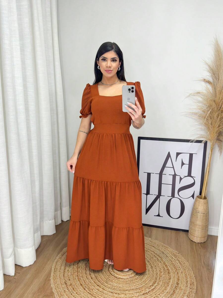 Women's Long Plain Dress With Padded Bra And Elastex At The Back At The Waist / Square Neck - Rỉ Nâu - Xem 1