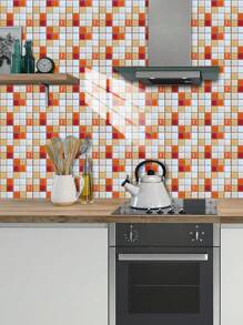 10 件几何格子花卉图案印花 PVC 仿瓷砖家居装饰墙贴，DIY 即撕即贴壁纸，适用于厨房、浴室、客厅、卧室墙壁装饰