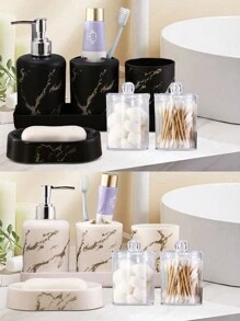 Bộ phụ kiện phòng tắm bằng đá cẩm thạch 7 món, Bộ phòng tắm bằng nhựa có khay, Hộp đựng xà phòng, Giá để bàn chải đánh răng, Cốc đựng bàn chải đánh răng, Đĩa đựng xà phòng, Giá để tăm bông vệ sinh cho phòng tắm/Bộ đồ dùng phòng tắm tân gia Trang trí phòng tắm tại nhà Trang trí mùa thu Trở lại trường - Nhiều màu - Xem 2