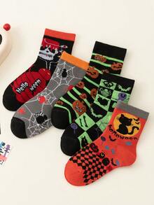 Set de 5 pares de calcetines de Halloween para niños, de colores naranja, morado, negro, amarillo, morado, naranja, azul, rojo, con estampados de fantasmas, calaveras, calabazas y otros diseños de monstruos de dibujos animados, para otoño/invierno, estilo punk callejero, casual, deportivo, universitario, gruesos para el invierno, estudiantes, para todo el año - Multicolor - Ver 2