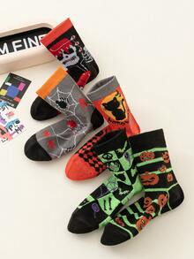 Set de 5 pares de calcetines de Halloween para niños, de colores naranja, morado, negro, amarillo, morado, naranja, azul, rojo, con estampados de fantasmas, calaveras, calabazas y otros diseños de monstruos de dibujos animados, para otoño/invierno, estilo punk callejero, casual, deportivo, universitario, gruesos para el invierno, estudiantes, para todo el año - Multicolor - Ver 3