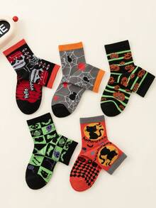 Set de 5 pares de calcetines de Halloween para niños, de colores naranja, morado, negro, amarillo, morado, naranja, azul, rojo, con estampados de fantasmas, calaveras, calabazas y otros diseños de monstruos de dibujos animados, para otoño/invierno, estilo punk callejero, casual, deportivo, universitario, gruesos para el invierno, estudiantes, para todo el año - Multicolor - Ver 6