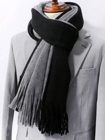 1 件男士休闲时尚撞色黑/灰/蓝针织流苏围巾，适合日常、上学、外出、街头搭配