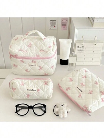 1个粉色蝴蝶结图案化妆包，经典设计，女士化妆包，旅行化妆包，蝴蝶图案大容量化妆包，旅行护肤品收纳包