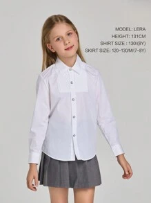 Camicia bianca a maniche lunghe con pieghe e bottoni luccicanti per ragazze pre-adolescenti, abbigliamento per uniforme scolastica formale, per il rientro a scuola