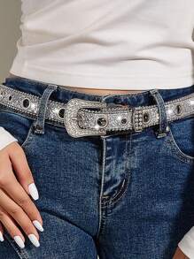 1pc Luxury Rhinestone Decor Belt Glitter Belt For Jeans Pants And Dresses Halloween Summer, School Fall, Autumn, Halloween - Silver - View 3