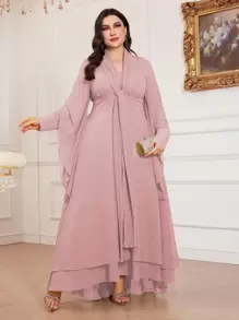 大码女式纯色垂坠领、褶皱领工艺、不对称下摆优雅长袖连衣裙，胸部褶皱、腰部收褶、高腰、柔软、不对称袖子设计，适合各种场合：日常、节日、休闲 - 粉色 - 查看 1