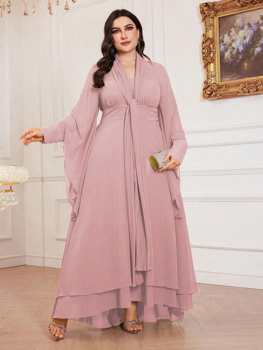 大码女式纯色垂坠领、褶皱领工艺、不对称下摆优雅长袖连衣裙，胸部褶皱、腰部收褶、高腰、柔软、不对称袖子设计，适合各种场合：日常、节日、休闲 - 粉色 - 查看 1