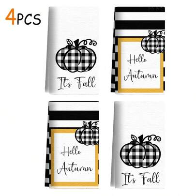4pcs Autumn Hand Towels, Autumn Checkered Pumpkins, Thanksgiving Kitchen Dishwashing Towels, Autumn Thanksgiving Pumpkin Kitchen Hand Towels, Kitchen And Bathroom Thanksgiving Decorations Home Bathroom Decor Fall Decor Back To School Dish Cloths Kitchen Towel