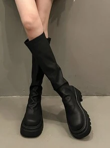 Black Thigh High Boots, Chunky Platform Over-The-Knee Tall Boots, Fashion Riding Boots For Fall/Winter, Party - Black - View 2