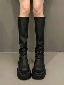 Black Thigh High Boots, Chunky Platform Over-The-Knee Tall Boots, Fashion Riding Boots For Fall/Winter, Party - Black - View 4
