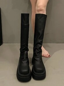 Black Thigh High Boots, Chunky Platform Over-The-Knee Tall Boots, Fashion Riding Boots For Fall/Winter, Party - Black - View 5