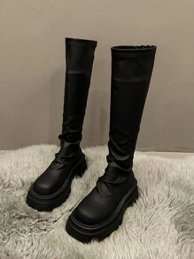 Black Thigh High Boots, Chunky Platform Over-The-Knee Tall Boots, Fashion Riding Boots For Fall/Winter, Party - Black - View 6