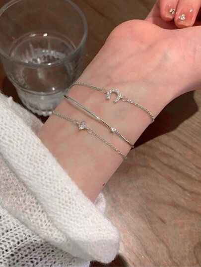 3 Simple And Elegant Light Luxury Horseshoe Iron Inlaid Diamond Plain Ring Bracelets With Layered Bracelet Set Suitable For Women's Daily Wear(Avoid Contact With Water)