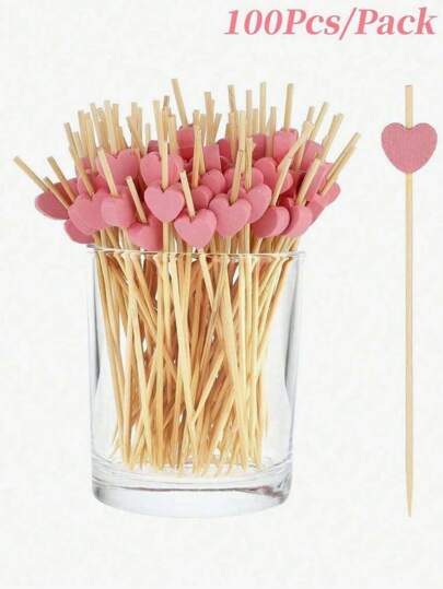 100pcs Heart-Shaped Bamboo Toothpicks - Appetizer Picks, Fruit Sticks, Cupcake Toppers, Sandwich Spikes, Sticks For Valentine's Day And Birthday Parties,Kitchen,Christmas Gift,School Supplies