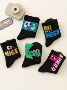 10 Pairs Kids Boys/Girls Spring Autumn Casual Black/Colorful "BEST" Letter, Cute Eyes, Expressions Patterned Thin Socks, Fashion Mid-Length Crew Socks For Children - Multicolor - View 10