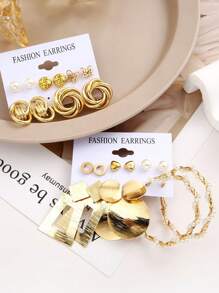 11 Pairs Vintage Style Silver Geometric Earrings Set For Women - Yellow Gold - View 2