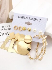 11 Pairs Vintage Style Silver Geometric Earrings Set For Women - Yellow Gold - View 3