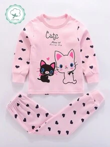 Young Girls Pink Cartoon Heart Cat Printed  Pajama Set, Spring Autumn - Pink - View 1