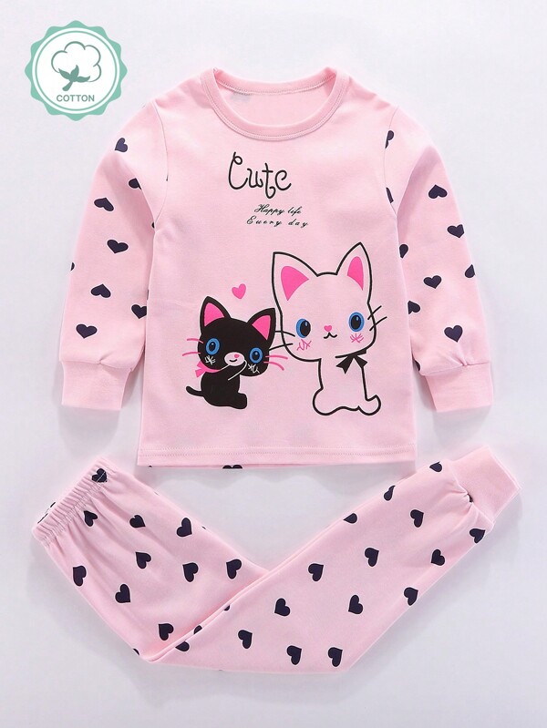 Kleine Mädchen Rosa Pyjama Set mit Cartoon Herz und Katzen Motiv, für Frühling und Herbst