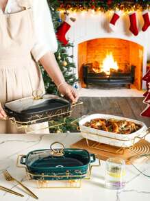 1 zestaw ceramicznych talerzy świątecznych do jadalni, użytku domowego, naczyń kuchennych, blachy do pieczenia, garnka izolacyjnego, garnka do zupy z pokrywką i żelazną ramą, odpowiednich do chleba, indyka, sera, pizzy, na zewnątrz, na wesele, imprezę, prezent, urodziny, gotowanie owoców morza na Boże Narodzenie, prezent na Święto Dziękczynienia, Święto Plonów, obiad rodzinny