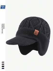 Winter Ear Warmer Thickened Lined Men Beanie Hat, Vintage Thick Faux Wool Knitted Baseball Cap With Brim For Women, Warm Knitted Hat With Brim And Ear Flaps For Outdoor Warmth, Best Holiday Gift For Dadwinter Hat