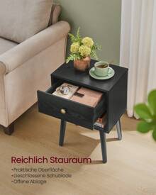 VASAGLE Nachttisch, Beistelltisch mit Schublade und offener Ablage, Holzbeine, Couchtisch für Wohnzimmer, Schlafzimmer, Sofa - Schwarz - Übersicht 2