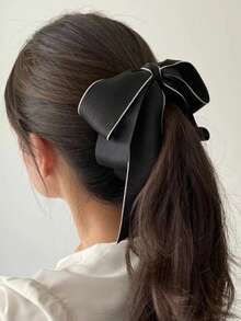 1pc Women's Black & White Color Block Acrylic Multi-Layer Bow Satin Fabric Vertical Ponytail Banana Clip, Elegant Hair Clip For Daily Wear, Dating, Outings, Gatherings - Black - View 12