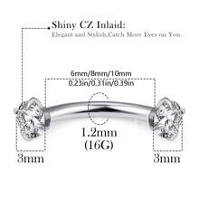 ADYJELY 2/3 pezzi di anelli per sopracciglia, piercing, in acciaio inossidabile ipoallergenico con gemme di zirconia cubica (3mm), filettatura interna, chiodi per labbra/sopracciglia curvi CZ, cartilagine, conchiglia, tragus, orecchini da piercing, decorazione per corpo, taglia 16G, lunghezza 6mm, 8mm, 10mm, adatto per donne e uomini'