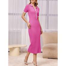 Womens Short Sleeve Maxi Dress Summer Bodycon Button V Neck Collared Knit Elegant Party Long Sweater Dresses - 粉色 - 查看 4