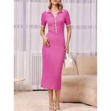 Womens Short Sleeve Maxi Dress Summer Bodycon Button V Neck Collared Knit Elegant Party Long Sweater Dresses - 粉色 - 查看 3
