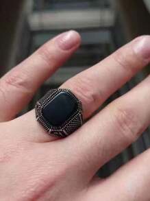 Novas joias de metal quadradas vintage com pedras incrustadas, anel texturizado da moda para homens