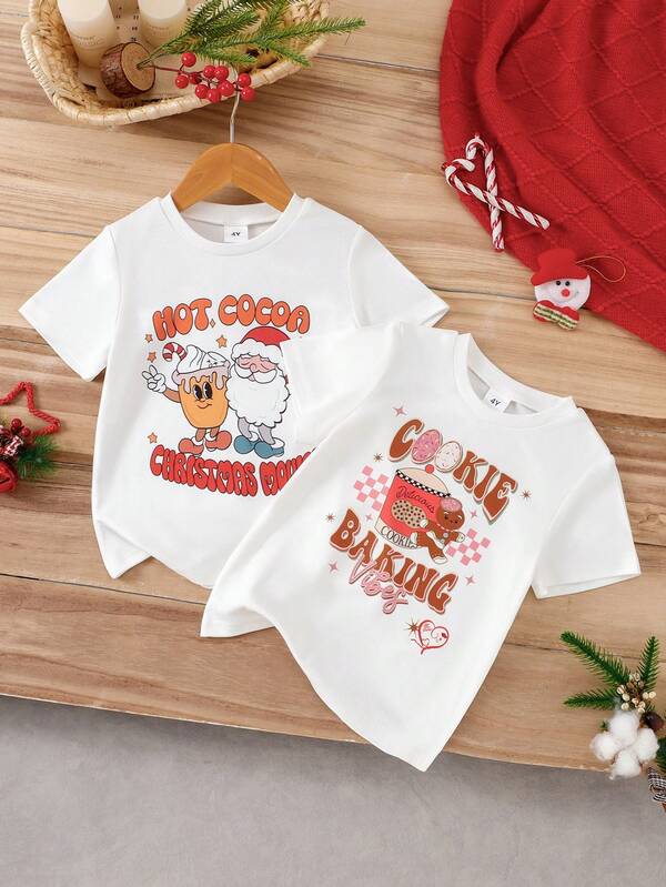2pcs/Set Christmas Print Short Sleeve T-Shirt