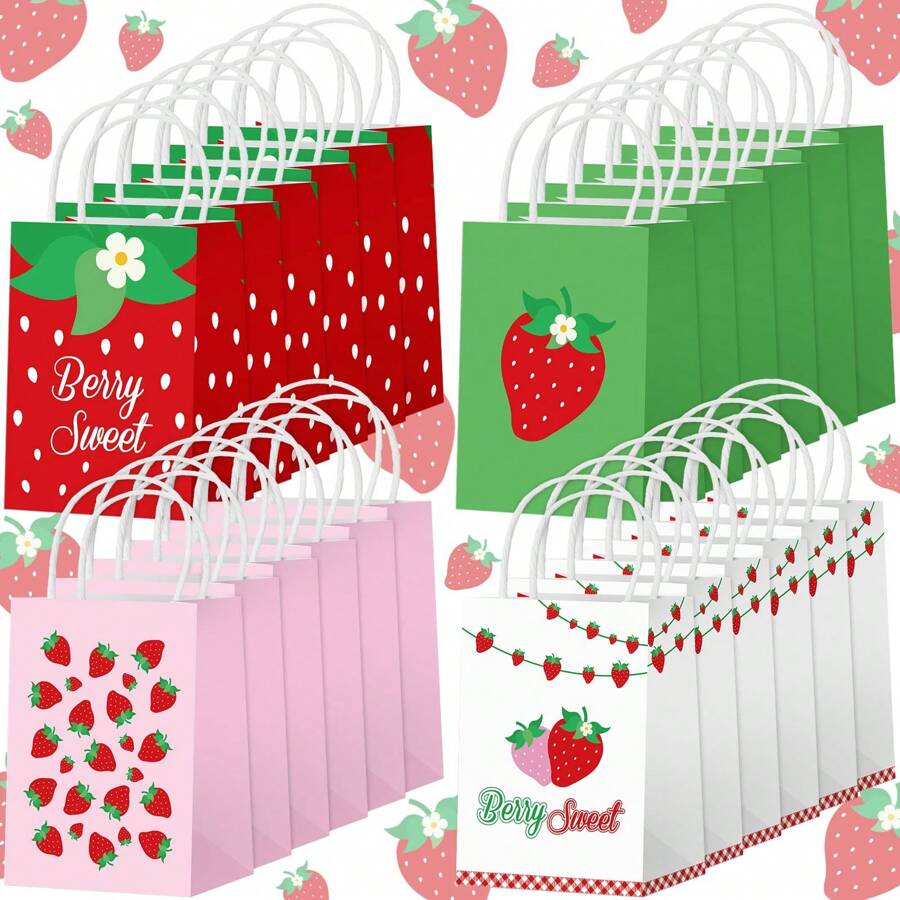 12 Pcs Strawberry Gift Bag, Strawberry Party Favor Bags Summer Strawberry Gift Bags Cute Strawberry Goodie Candy Paper Bags With Handles, For Berry First Birthday Party Supplies Wedding Decoration Fruit Strawberry Theme Party,Christmas Valentine Day