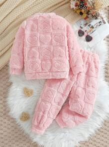 2 件套年轻女孩毛茸茸圆领运动衫和裤子冬季保暖时尚服装 - 粉色 - 查看 2