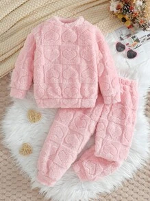 2 件套年轻女孩毛茸茸圆领运动衫和裤子冬季保暖时尚服装 - 粉色 - 查看 1