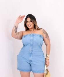 Macaquinho Plus Size Jeans Curto