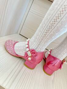1pair Girls Fashion Elegant Bowknot Pearl Rhinestone Design Princess High Heel Dress Shoes, Pink Color, Breathable Anti-Slip, Suitable For Spring Summer Autumn Wedding Party Stage