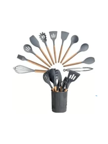 Kitchen Set Kit With 12 Silicone Pieces, Utensils And Cup Holder For Kitchen With Wooden Handle - Grey - View 2